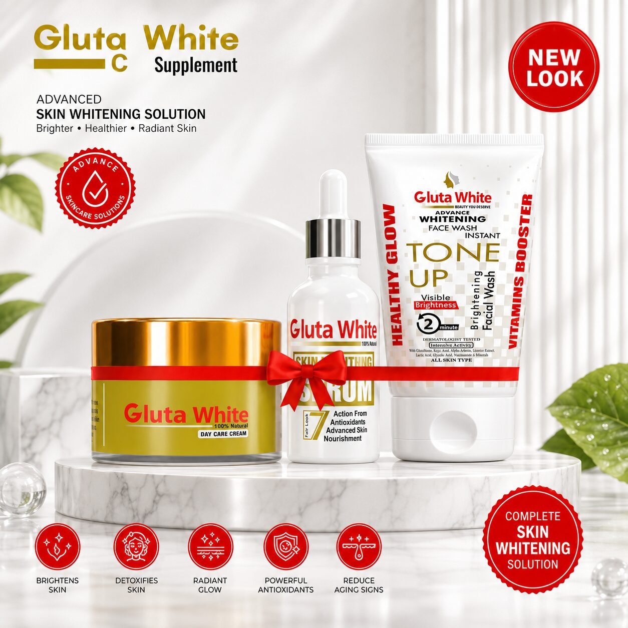 Gluta White Day Care Cream + Skin Brightening Serum + Tone Up Whitening Face Wash