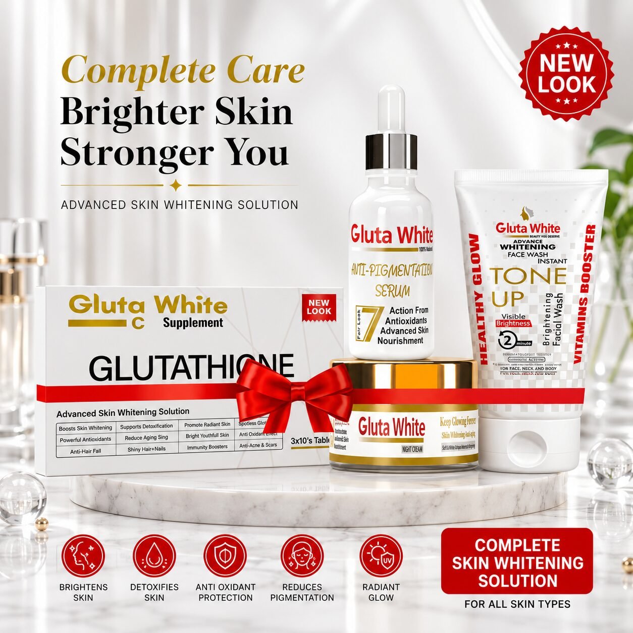 Gluta White Glutathione + Vitamin C Capsules + Anti Pigmentation Serum + Night Cream + Tone Up Whitening Face Wash