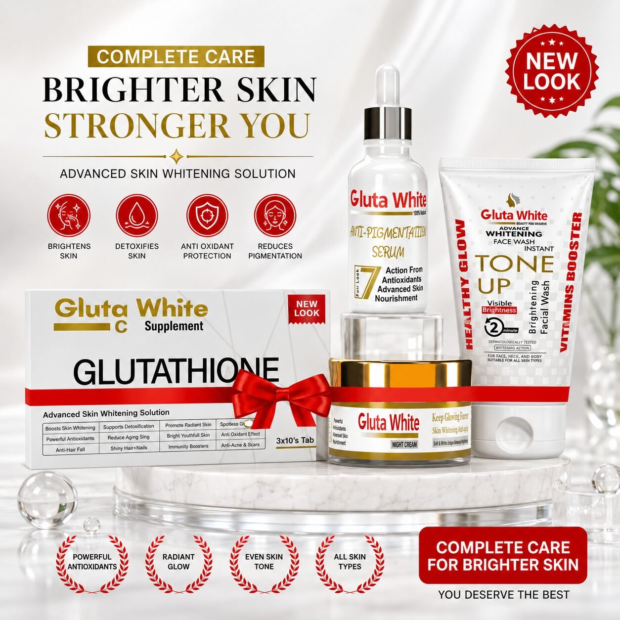 Gluta White Glutathione + Vitamin C Capsules + Anti Pigmentation Serum + Tone Up Whitening Face Wash