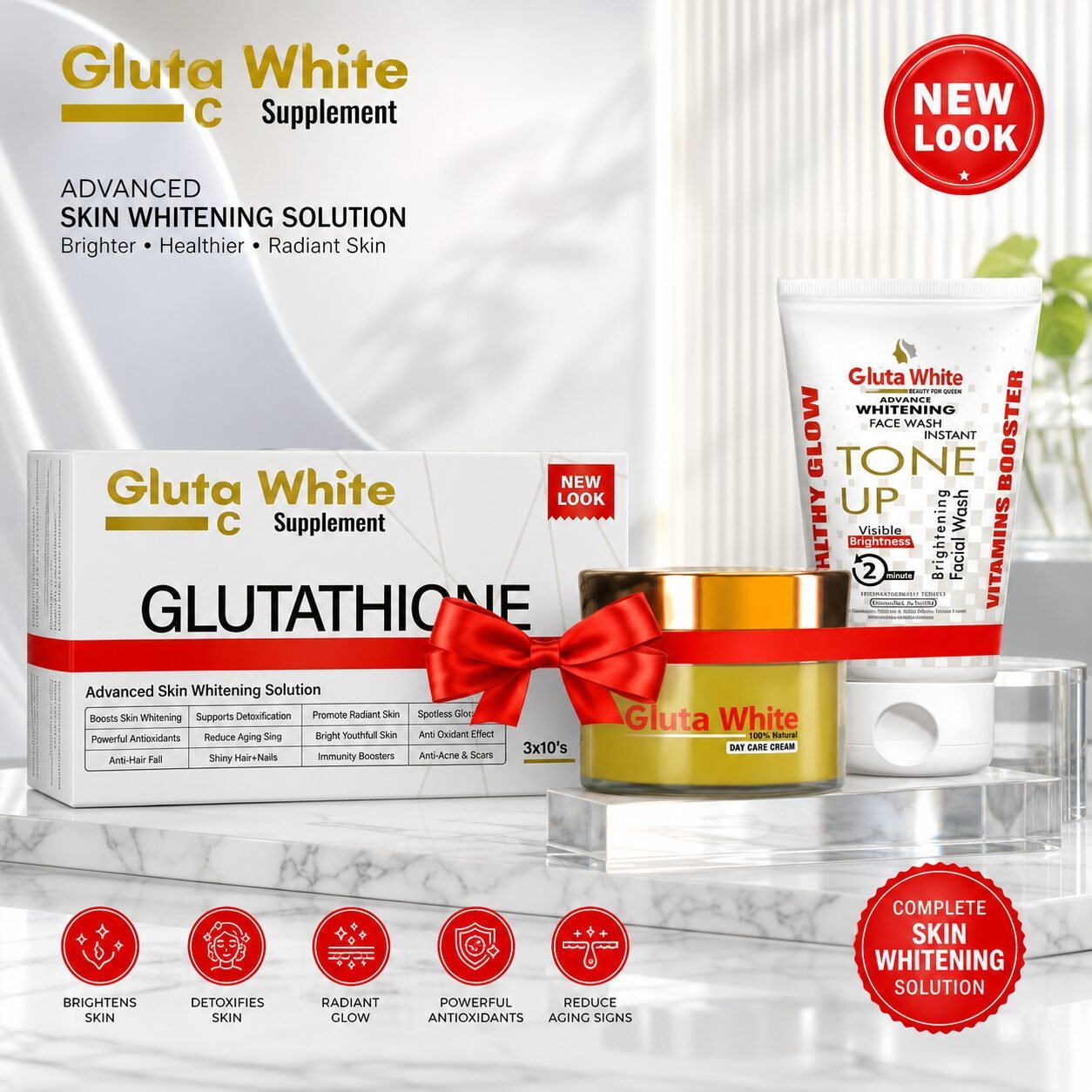 Gluta White Glutathione + Vitamin C Capsules + Day Care Cream + Tone Up Whitening Face Wash