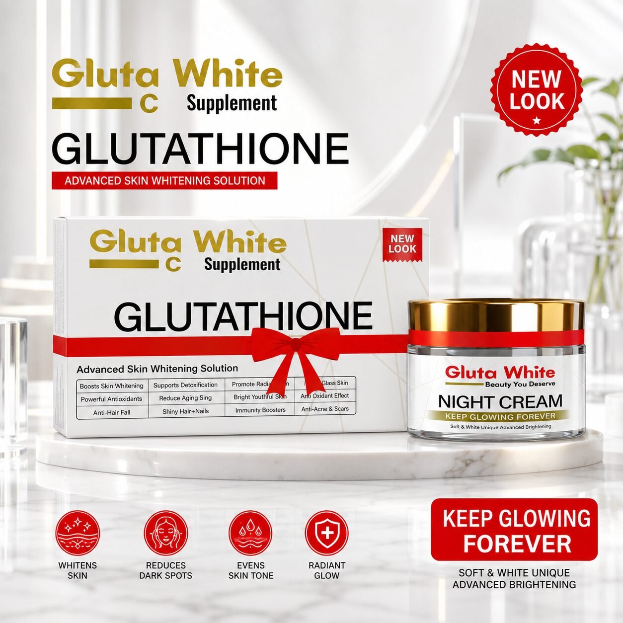 Gluta White Glutathione + Vitamin C Capsules + Night Cream