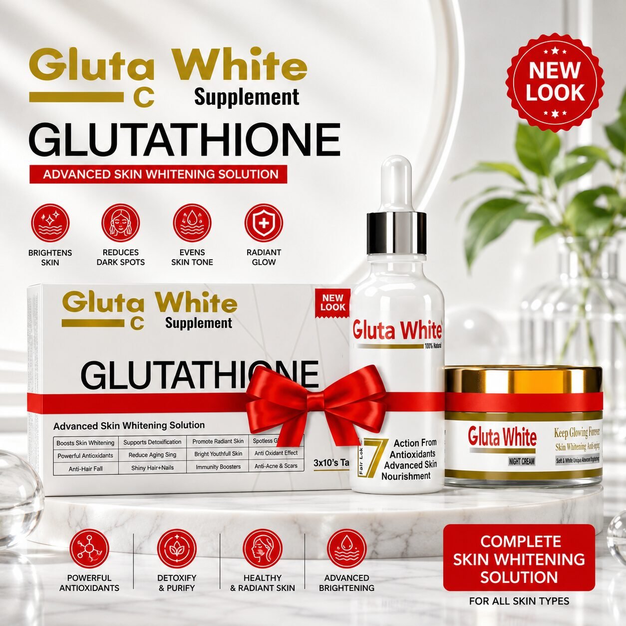 Gluta White Glutathione + Vitamin C Capsules + Skin Whitening Serum + Night Cream