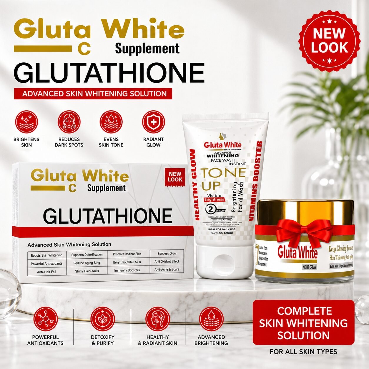 Gluta White Glutathione + Vitamin C Capsules + Tone Up Whitening Face Wash + Night Cream