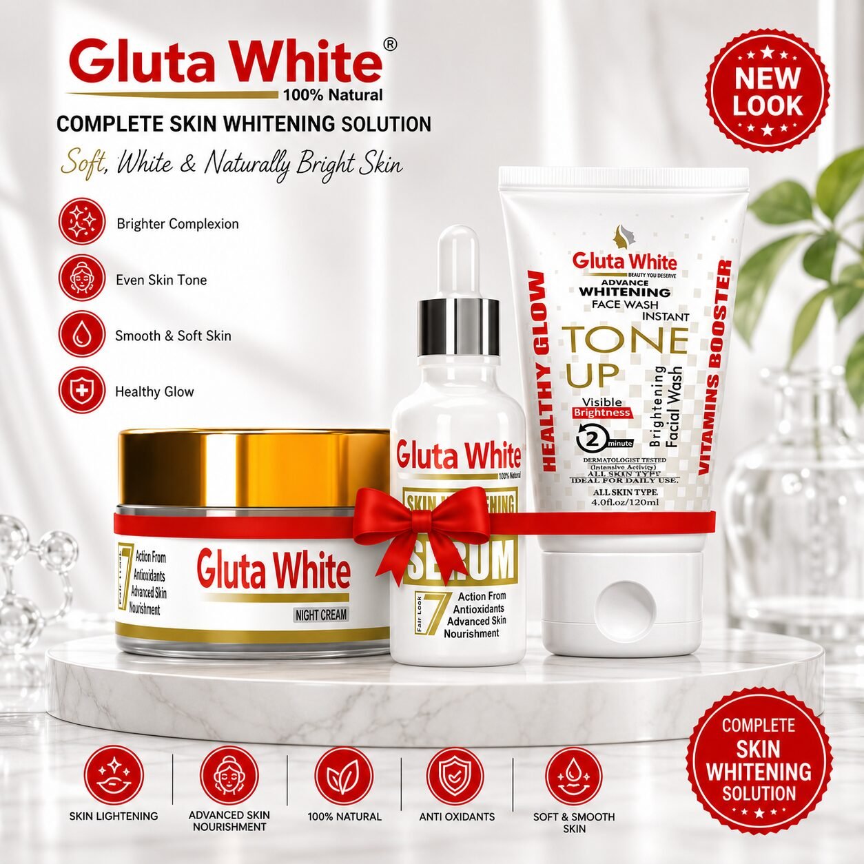 Gluta White Night Cream + Skin Brightening Serum + Tone Up Whitening Face Wash